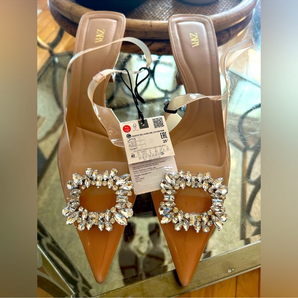 Zara Tan Heeled Mules with Crystal Buckle